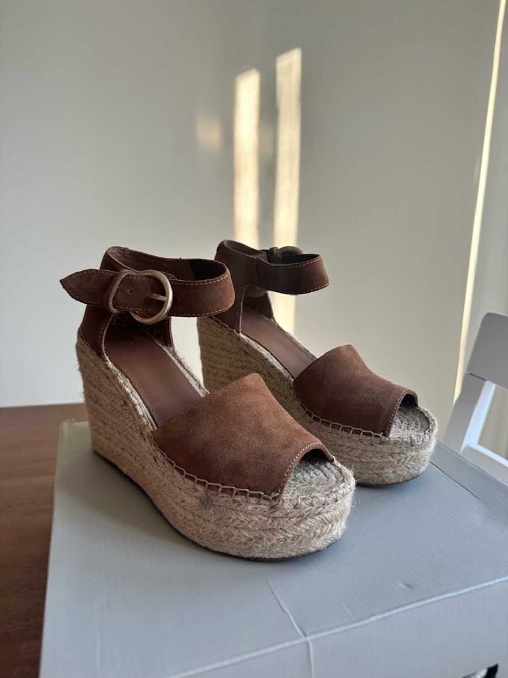 Marc Fisher Brown Suede Espadrille Wedge Sandals with Ankle Buckle